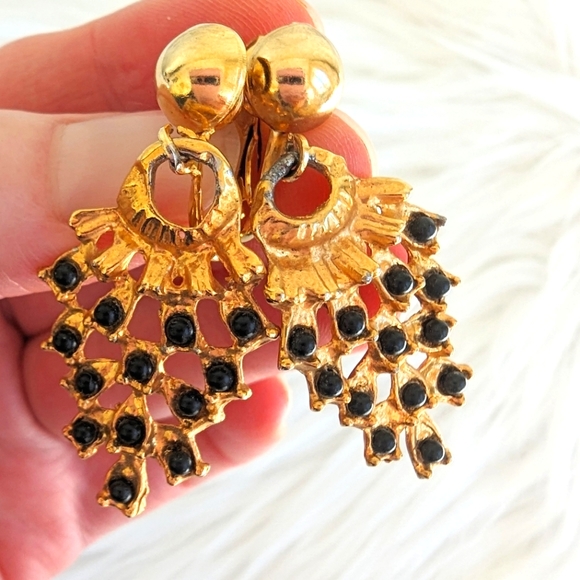 Vtg Kudan Bindi Indian Chandler Gold Tone Black Bead Drop Dangle Earrings - Picture 2 of 5